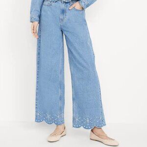 Old Navy High-Rise Baggy Wide Leg Denim Cropped Ankle Jeans Scalloped Hem